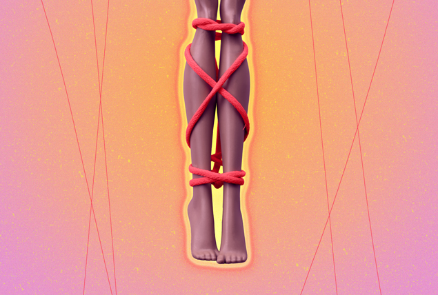 doll legs wrapped in red bondage rope together on orange and pink gradient background
