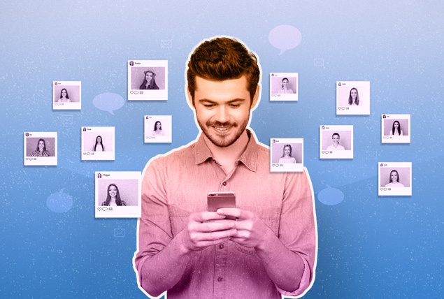 man with pink tint on phone with dating profiles of women around him on blue background