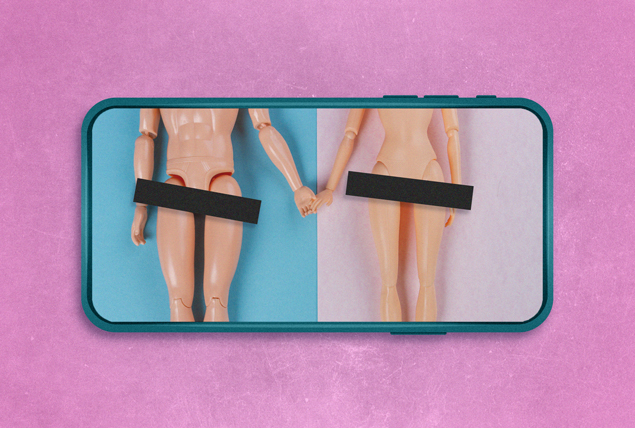 smartphone with pelvic area of dolls with black bar over genitals on pink background