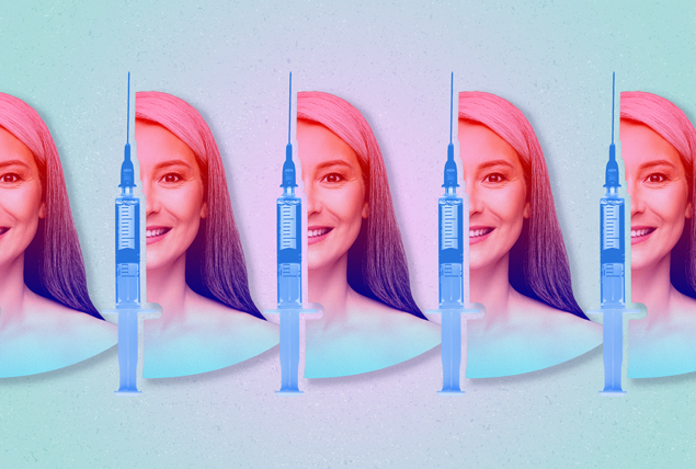 women smiling with pink and blue gradient behind blue syringes on light blue background