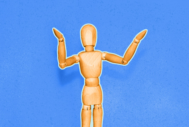 wooden drawing figure with arms out stretched on blue background