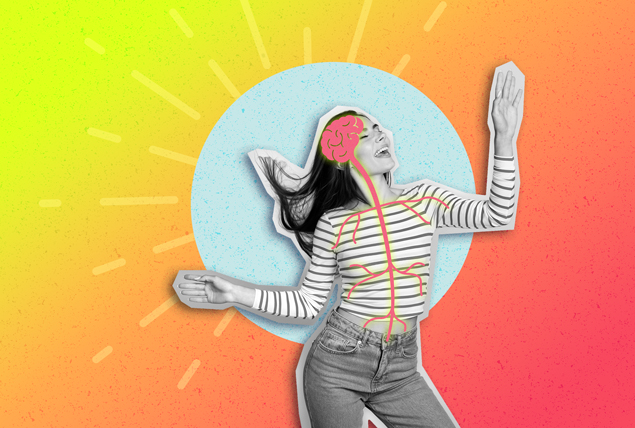 woman with her arms out dancing with exposed pink brain and nervous system on yellow and orange sunburst background