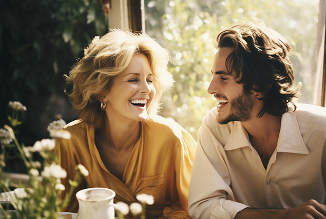 older woman sits and smiles at younger man in sunny garden