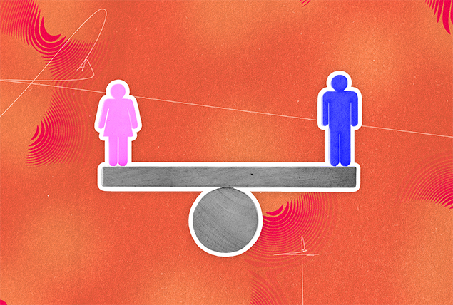 A platform balances on a ball with a pink figure on one end and a blue figure on the other end.