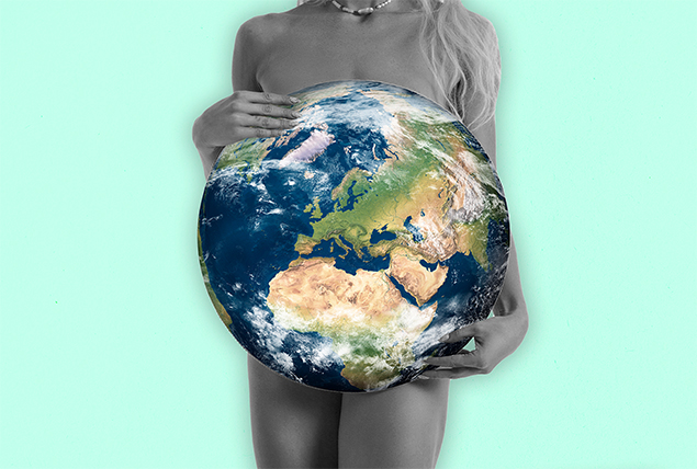 A grey naked body holds Earth in its midsection.