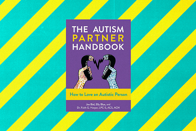 The book cover for The Autism Partner Handbook is against a green and yellow striped background.