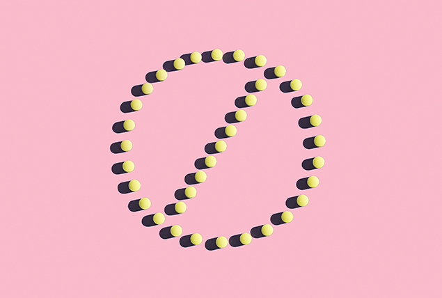 Birth control pills are arranged in a circle with a line through it on a pink background.