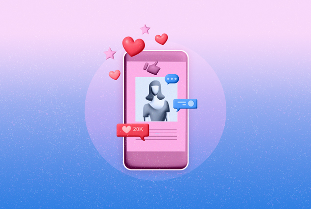 A well-liked dating profile shows on a cellphone app with chat bubbles and hearts popping out of it.