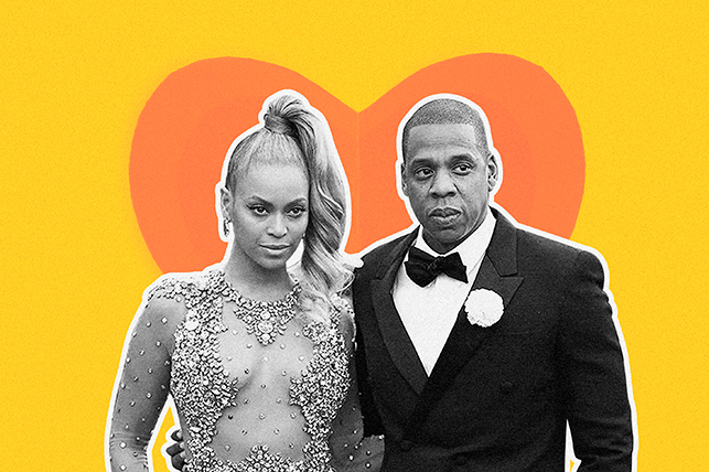 A black and white photo of Jay Z and Beyonce is against a yellow background and an orange heart.