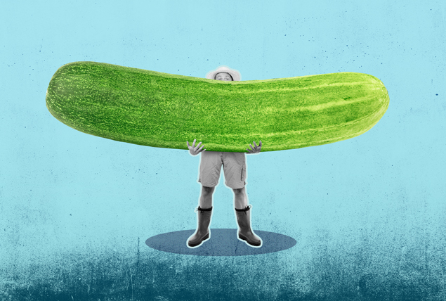 tiny grayscale farmer holding giant green cucumber on light blue background
