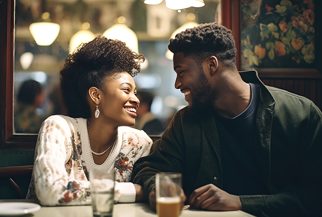 A couple sits at a cafe on a date and they are smiling at each other.