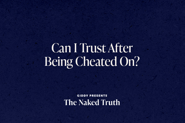 The words Can I Trust After Being Cheated On? are written in white against a blue background.