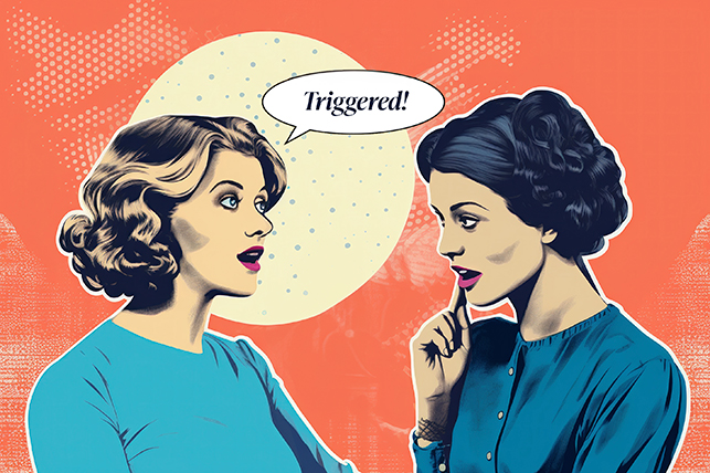 Two women speak with a chat bubble above their head that says TRIGGERED!