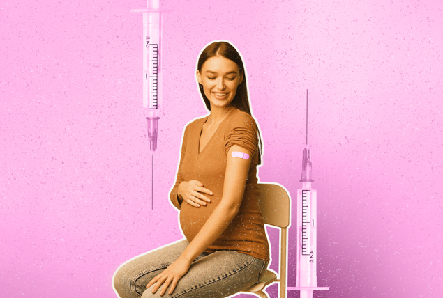 A pregnant woman sits in a chair with two large syringes on either side of her body.