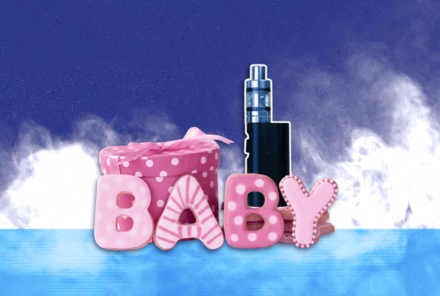 Pink cookies that spell out BABY are next to a pink polka-dot gift box and a black vape with clouds in the background.