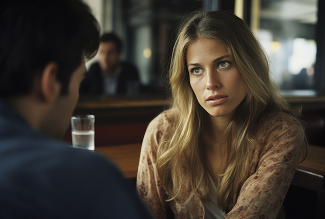 A woman on a date with a man looks concerned at him from across the table.