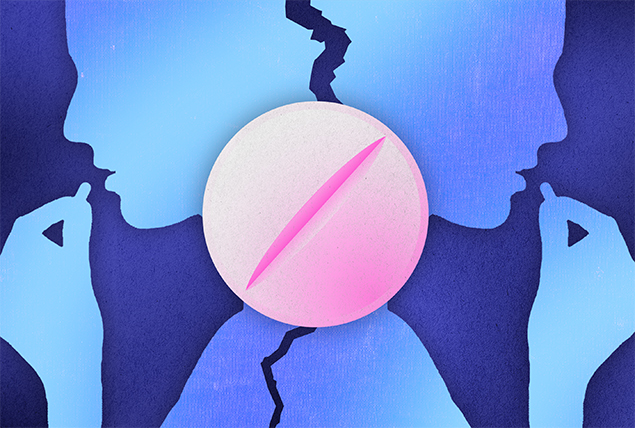 A pink pill sits over two profiles of people holding a pill to their mouth.