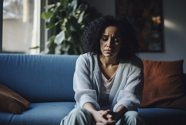 A woman sits on a sofa with her hands clasped together between her knees.