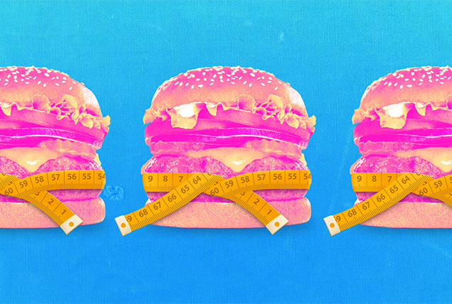 Three pink cheeseburgers are lined up in a row with a measuring tape wrapped around each one.