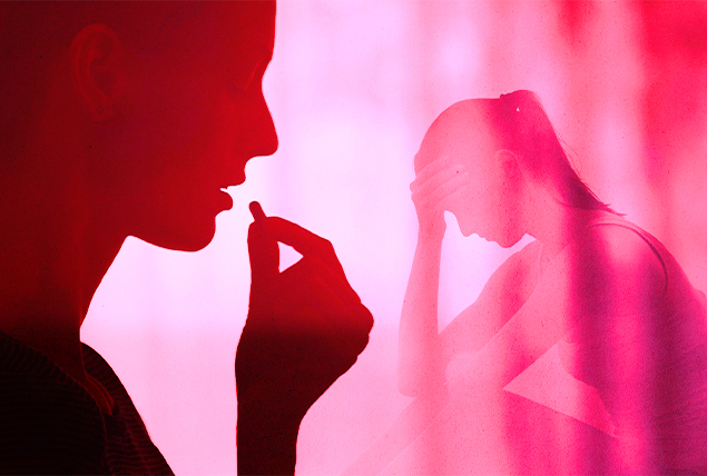A silhouette of a man is showing him taking a pill while a woman holds her head in the background.