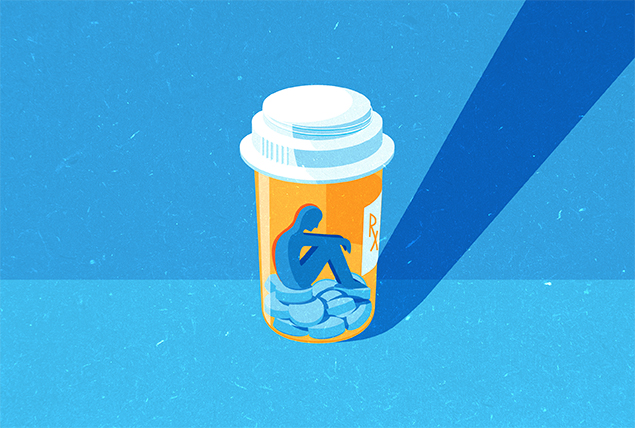 A person sits inside of a pill bottle against a blue background.