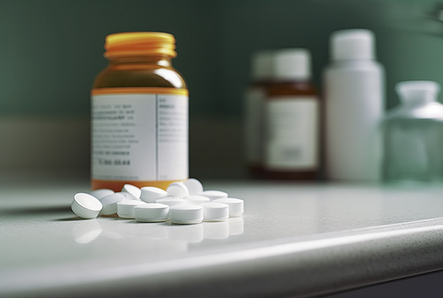 White pills sit on the counter in front of an open pill bottle.