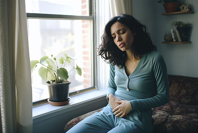 A woman holds her lower abdomen in pain as she sits by a window.