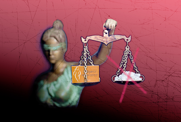 The scales of Lady Justice have a pill carton on one side and a pile of white pills on the other with an X through them.