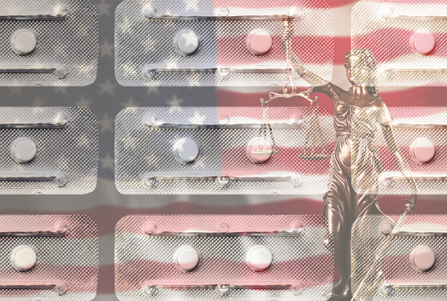 Packets of abortion pills are patterned over an image of an American flag and Lady Justice.