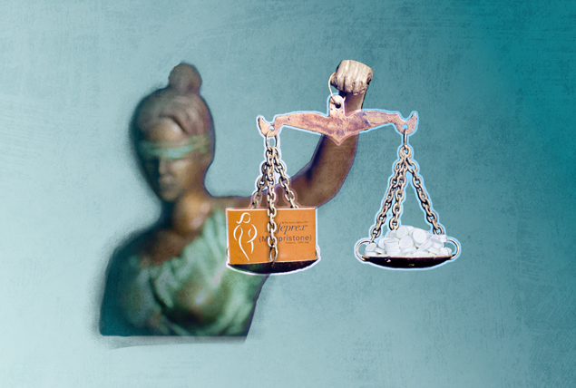 Lady Justice holds scales that have pills on one side and a box of mifepristone on the other.