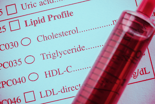 A syringe of blood lays over a form related to cholesterol levels. 