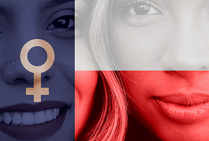 A Texas flag overlays an image of two women with a female glyph in the blue portion of the flag.