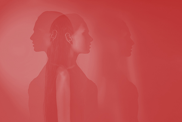 A triple-layered image shows a woman facing different directions under a red overlay.