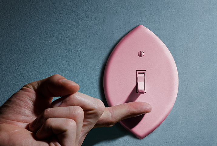 A hand is near a light switch that looks like a vagina with one finger extended to switch it on.