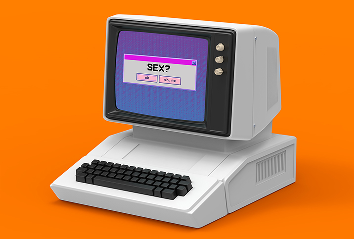 A computer against an orange background has a dialog box asking for cyber sex.