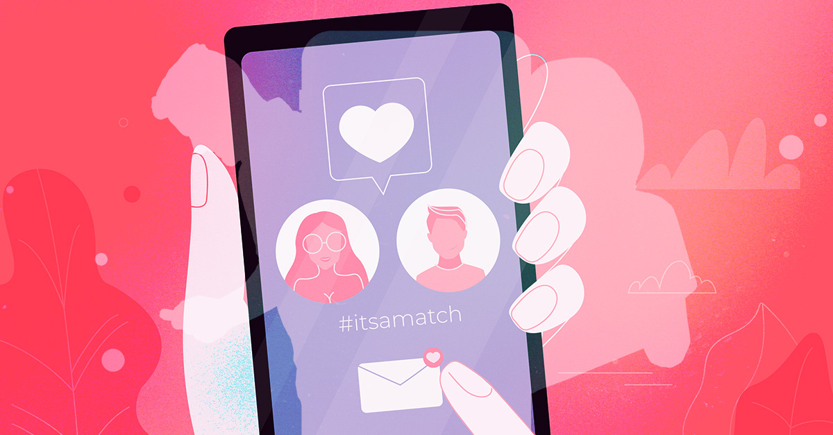 A hand holds a large cellphone with a dating app on screen showing a match.