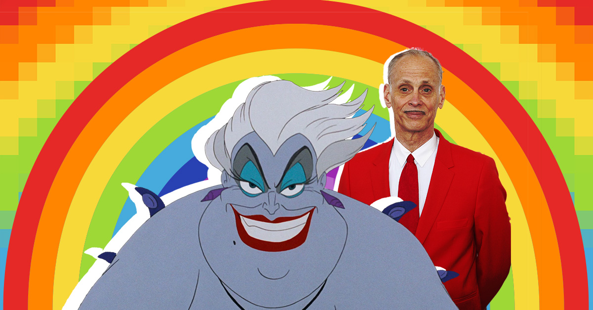 Ursula from the Little Mermaid and John Waters stand in front of a rainbow.