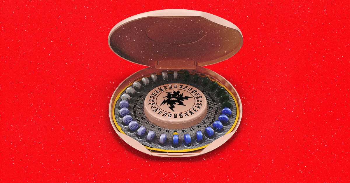 A circular container of birth control sits on a red background.