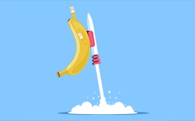A banana taped to a launching rocket.