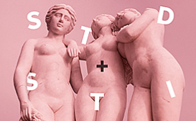 The acronyms of STD and STI are over a pink roman statue of three women.