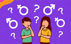 Two children of immigrants stand under white question marks as well as male and female glyphs against a purple background.