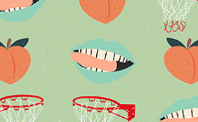 Three peaches are arranged in a patter with a pair of lips and a basketball rim.