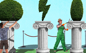 Two manscapers trim bushes on top of pillars.