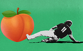 A man performing a baseball slide into a peach.