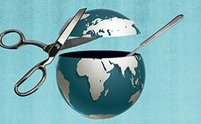 A pair of scissors cuts off the top of a teal and silver planet Earth.