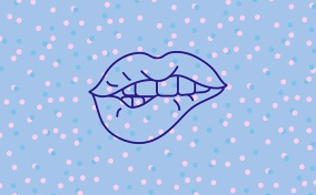An outline of a pair of lips shows teeth biting into the lower side against a blue background with pink dots.