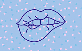 An outline of a pair of lips shows teeth biting into the lower side against a blue background with pink dots.