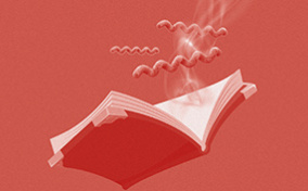 A red book is open with red syphilis virus strands rising up from the pages against a red background.