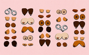 Multiple pairs of breasts of different shapes and skin colors are arranged on a pink background.
