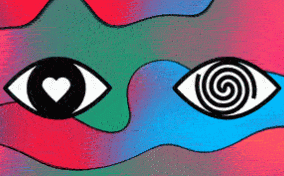 Cartoon eyes experiencing sex synesthesia against a multicolored background.